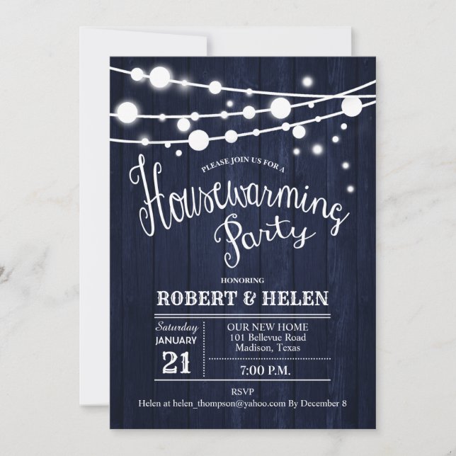 Rustic Housewarming Party - Navy Blue Wood Invitation (Front)