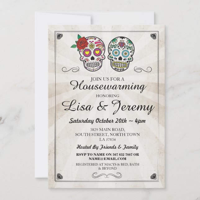 Rustic Housewarming Sugar Skulls Invite Halloween (Front)