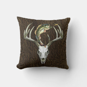 Rustic Hunting Antlers Fishing Throw Pillow