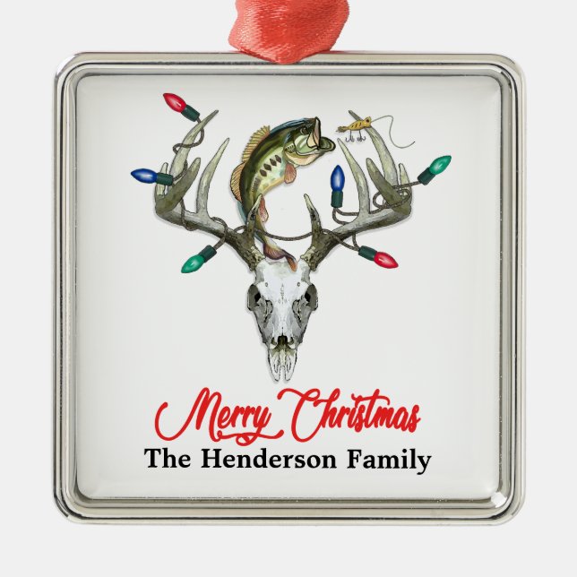 Rustic Hunting Fishing Christmas Metal Ornament (Front)