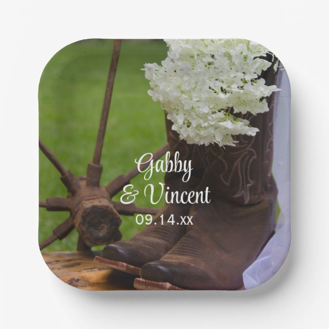 Rustic Hydrangea and Cowboy Boots Western Wedding Paper Plate (Front)