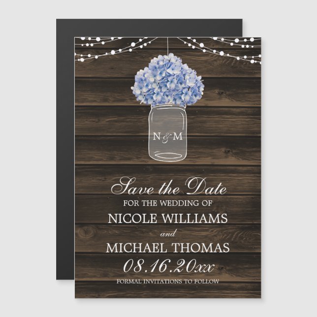 Rustic Hydrangea Mason Jar Barn Wood Save the Date Magnetic Invitation (Front/Back)