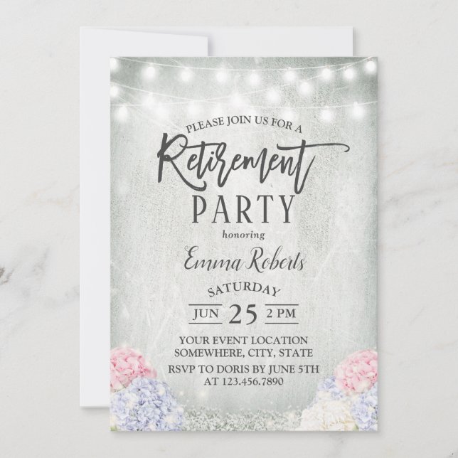 Rustic Hydrangeas Floral String Lights Retirement Invitation (Front)