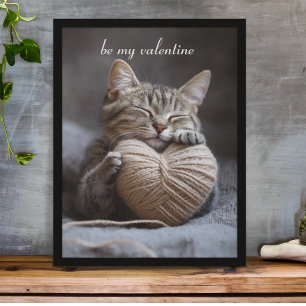 Rustic Hygge Valentine Tabby Cat Cuddling Yarn Hea Poster