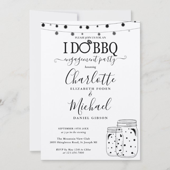 Rustic I Do BBQ Mason Jar String Lights Engagement Invitation (Front)