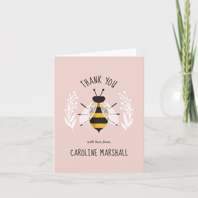 Rustic Illustrated Bee Folded Thank You Note Card (Front)