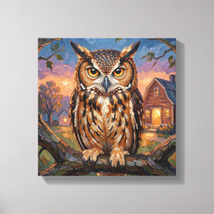 Rustic Impasto Great Horned Owl  Canvas Print