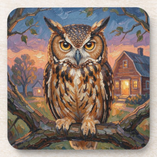 Rustic Impasto Great Horned Owl  Coaster