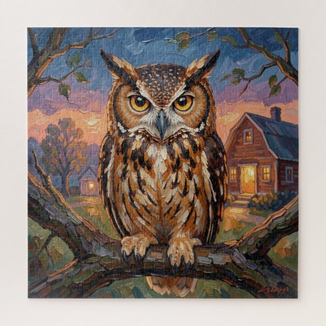 Rustic Impasto Great Horned Owl  Jigsaw Puzzle (Vertical)