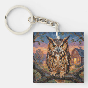 Rustic Impasto Great Horned Owl  Keychain