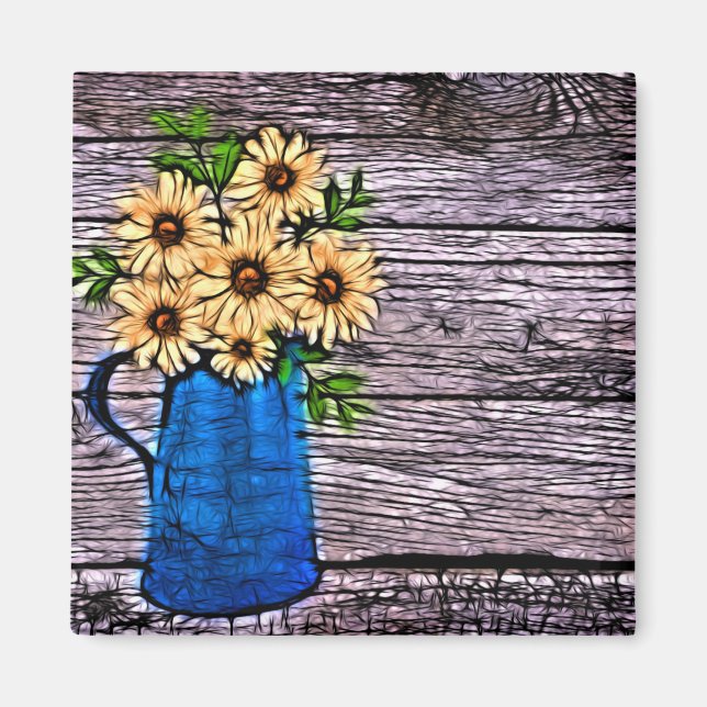 Rustic impressionism blue vase summer daisy magnet (Front)