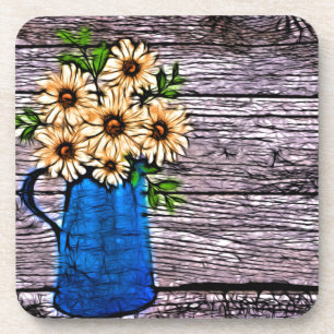 Rustic impressionism blue vase yellow daisy coaster