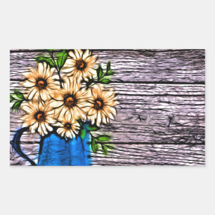 Rustic impressionism blue vase yellow daisy sticker