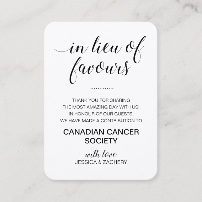 Rustic In Lieu Of Favours Donation Wedding Place Card (Front)