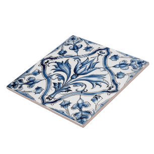 Rustic Indigo Azulejo Tiles With Floral Patterns