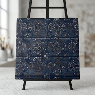Rustic Indigo Blue Damask On Scratched Wood Tile