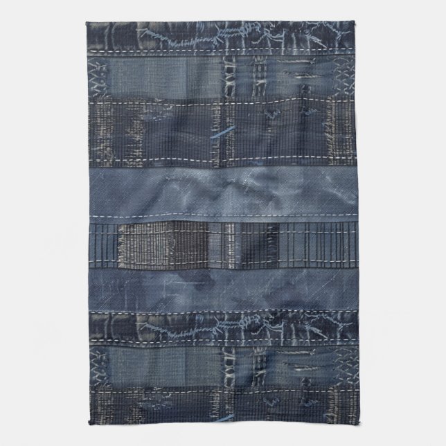 Rustic Indigo Denim Patchwork Pattern Kitchen Towel (Vertical)