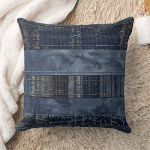 Rustic Indigo Denim Patchwork Pattern Throw Pillow