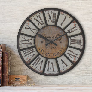 Rustic Industrial Farmhouse Custom Family Name Round Clock