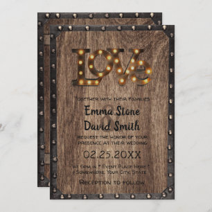 Rustic Industrial Wedding Love Sign Metal & Wood Invitation