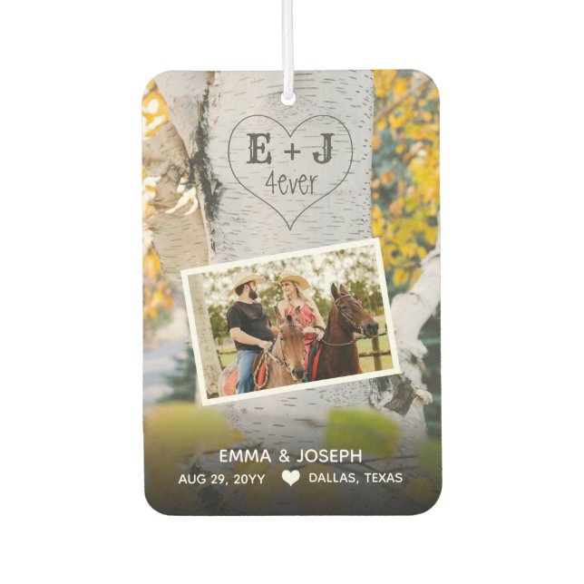 Rustic Initials 4ever Heart Carved Tree Wedding Air Freshener (Front)