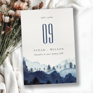 Rustic Ink Blue Navy Pine Woods Mountain Wedding Table Number