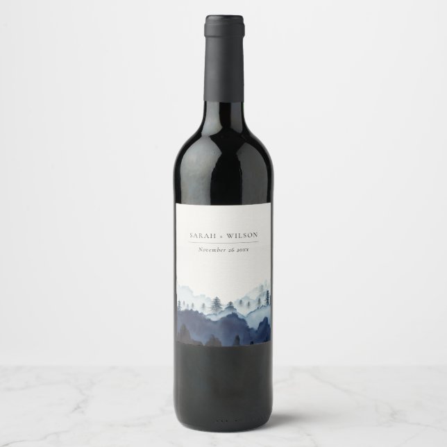 Rustic Ink Blue Navy Pine Woods Mountain Wedding Wine Label (Front)