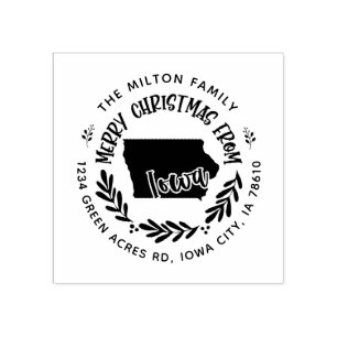 rustic iowa merry christmas return address rubber stamp