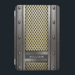 Rustic iron metal rough industrial guys men iPad mini cover<br><div class="desc">A cool rough industrial style for guys,  men.  Grey faux steel and gold looking metal and rivets.  Personalize and add your name,  light grey letters.</div>