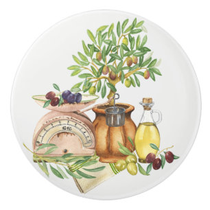 Rustic Italian Green Gold Brown Watercolor Ceramic Knob