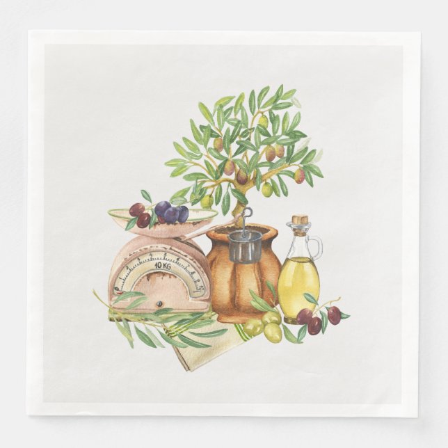 Rustic Italian Green Gold Brown Watercolor Napkin (Front)