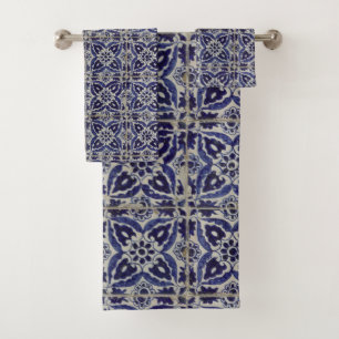 Rustic Italian Tiles Azulejo Blue White Geometric Bath Towel Set