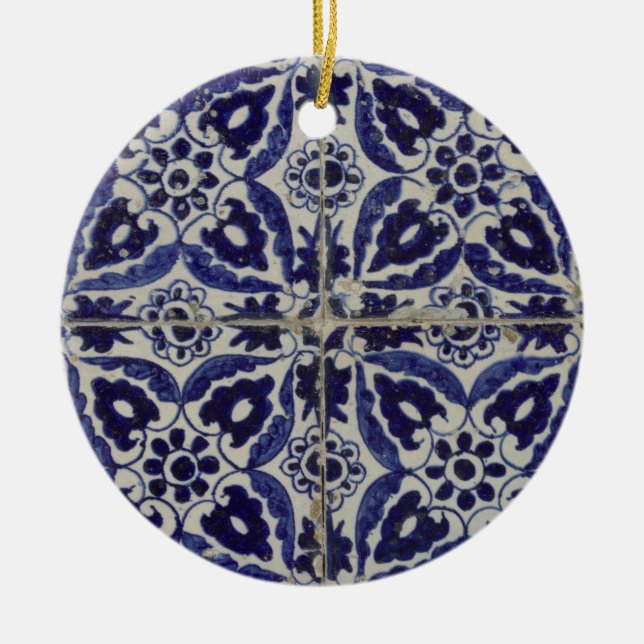 Rustic Italian Tiles Azulejo Blue White Geometric Ceramic Ornament (Front)