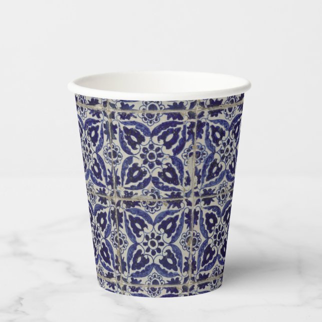 Rustic Italian Tiles Azulejo Blue White Geometric  Paper Cups (Front)