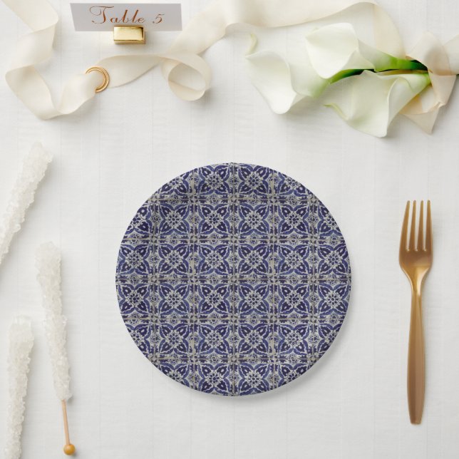 Rustic Italian Tiles Azulejo Blue White Geometric Paper Plate (Wedding)