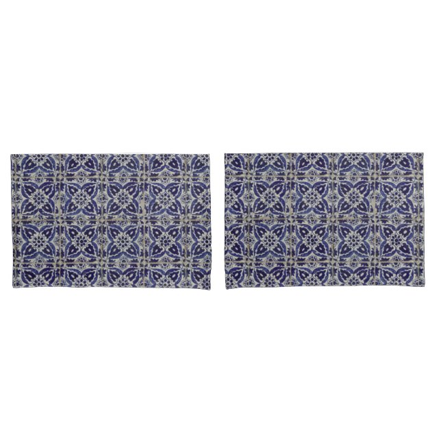 Rustic Italian Tiles Azulejo Blue White Geometric Pillowcase (Front-Set)