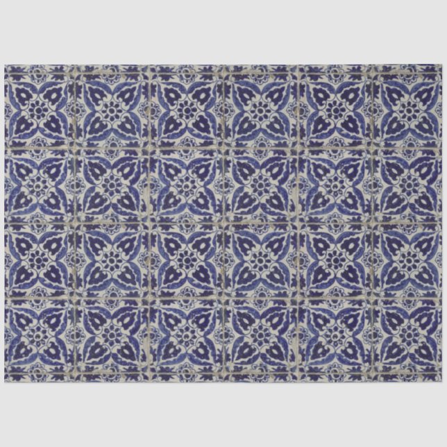 Rustic Italian Tiles Azulejo Blue White Geometric  Tissue Paper (Front)