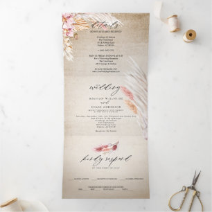 Rustic Ivory Blush Pampas Grass Vintage Tri-Fold Invitation