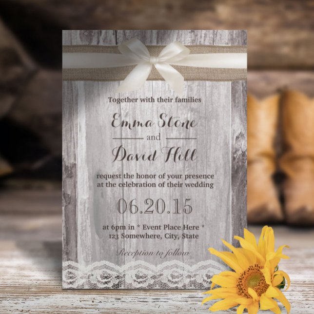 Rustic Ivory & Burlap Ribbon Laced Wood Wedding Invitation (Creator Uploaded)
