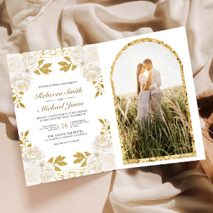 Rustic Ivory Floral Gold Glitter QR Code Wedding Invitation