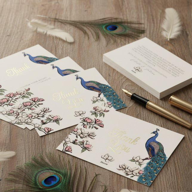 Rustic Ivory & Gold Peacock Thank You Card (Elegant Blue Teal Peacock & Magnolia Flowers Thank You Card. Chic Ivory Peafowl Card with Gold Foil)