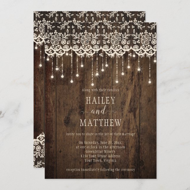 Rustic Ivory Lace Sparkle Lights Barn Wood | Invitation (Front/Back)