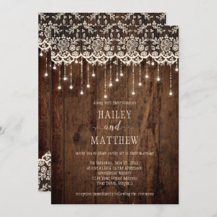 Rustic Ivory Lace Sparkle Lights Barn Wood Invitation