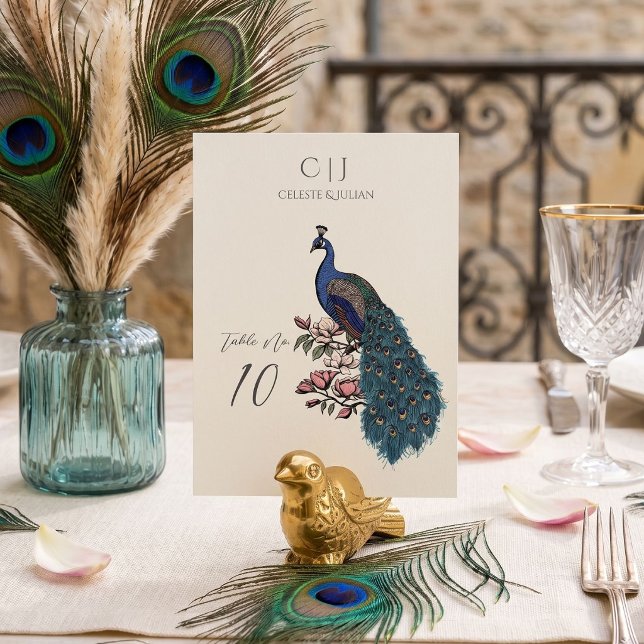 Rustic Ivory Peacock Wedding Table Number (Hand-drawn teal peacock and magnolia flowers monogrammed Table Number Card for Peacock wedding)