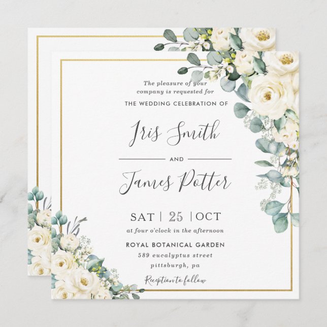 Rustic Ivory White Floral Eucalyptus Gold Wedding Invitation (Front/Back)