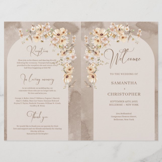 Rustic ivory Wildflowers Boho arch folded program (Front)