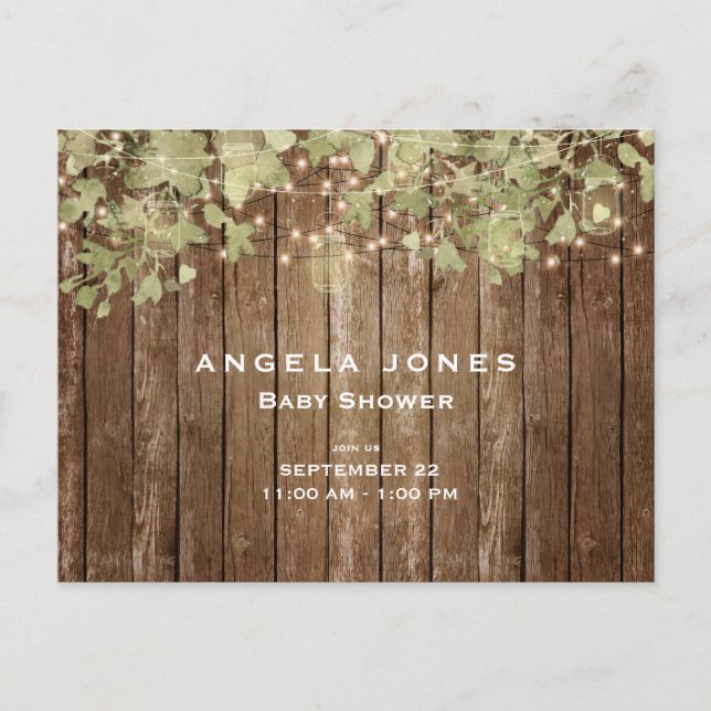 Rustic Ivy & Lights Wood Fence QR Code Baby Shower Invitation Postcard (Front)