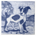 Rustic Jack Russell Terrier Dog Blue Delft Dedham Tile<br><div class="desc">Like an antique or vintage ceramic tile mural, this rustic tile features my artwork of a Jack Russell terrier dog in shades of dark blue. The background is pastoral with trees. Inspired by old Delft and Dedham pottery, I used a "crackle" glaze to suggest an aged finish. Perfect trivet or...</div>