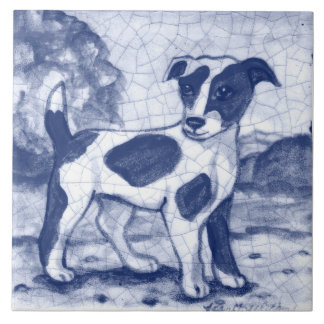 Rustic Jack Russell Terrier Dog Blue Delft Dedham Tile