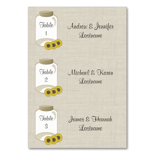 Rustic Jar and Sunflowers DIY seating cards (Front)